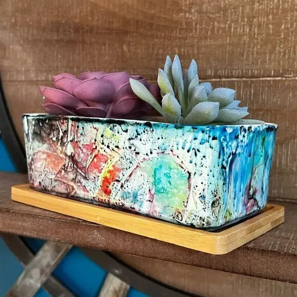 Hand-Painted Ceramic Succulent Planter with Bamboo Tray - Picture 4 of 6